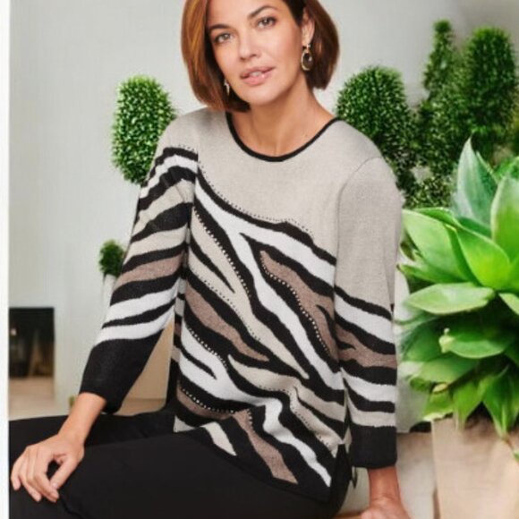 Alfred Dunner Jacquard Animal Jaguar Print Lightly Beaded Jewel Neckline Sweater - Picture 1 of 8